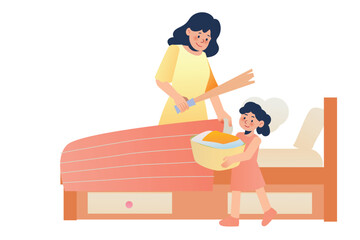 The Girl Helped Her Mother Clean and Make the Bed | Family Cleaning Activity