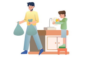 The Boy Washes the Dishes, and His Father Helps Throw Away the Rubbish | Family cleaning activity