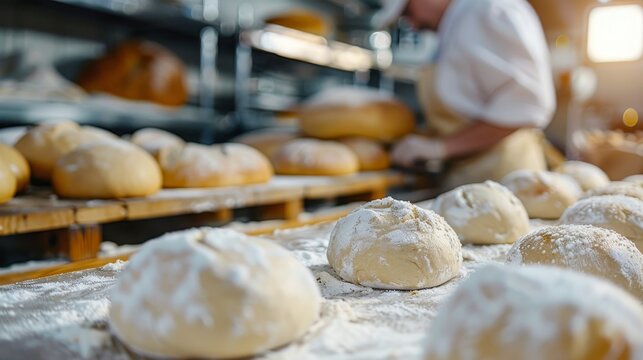 Bread Dough in bakery with defocused worker in background