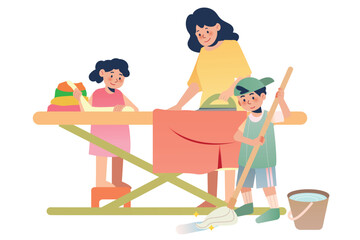 The Girl Helps the Mother Fold the Clothing, While the Boy Mop the Floor | Family Cleaning Activity