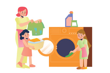 Two Girls Were Helping Their Mother Wash the Clothes | Family Cleaning Activity