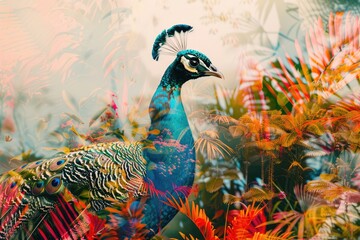 Fototapeta premium A proud peacock blended with the vibrant hues of a tropical garden in a double exposure