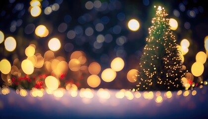 A festive winter night, illuminated by a sparkling bokeh of light radiating from a Christmas tree