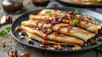 crepes with salted caramel and nuts, top view, wooden background - obrazy, fototapety, plakaty