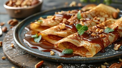 crepes with salted caramel and nuts, top view, wooden background - obrazy, fototapety, plakaty
