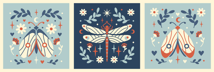 Mysterious floral prints with flowers, dragonfly and moth. Boho Vintage garden aesthetic. Square vector patterns. Mystery moonlight vibe with insects.