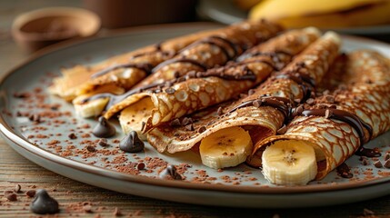 Crepes stuffed with chocolate spread and banana on white plate. Thin pancakes, blini. Sweet dessert