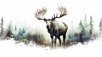 white background double exposure of a moose silhouette see line drawn forest ~ Created using Generative AI
