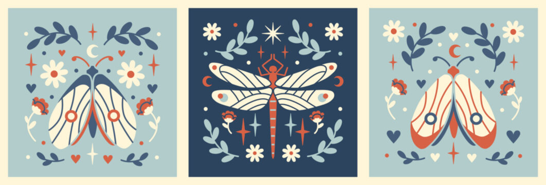Mysterious floral prints with flowers, dragonfly and moth. Boho Vintage garden aesthetic. Square vector patterns. Mystery moonlight vibe with insects.