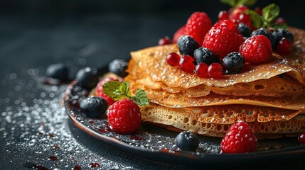 Crepes with jam, berries and sugar powder. Homemade pancakes, delicious breakfast - obrazy, fototapety, plakaty