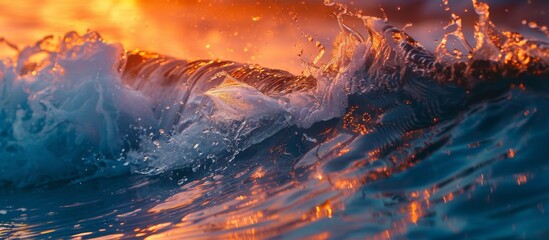 Colorful water waves rolling over in bright sunset light
