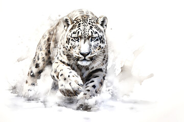 Watercolor painting of snow leopard in the snowy silderness. Wild Animals. Generative AI.