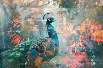 Fototapeta premium A proud peacock blended with the vibrant hues of a tropical garden in a double exposure