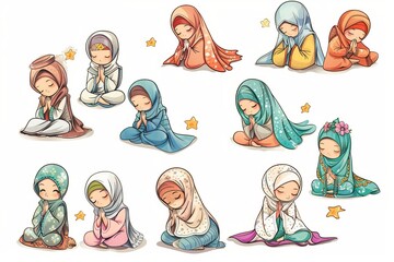 Cartoon cute doodles of characters spending quiet moments of reflection and supplication in the last days of Ramadan, seeking forgiveness and blessings, Generative AI