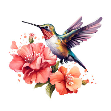 Hummingbird gracefully hovers over vibrant flowers in a lush, tropical setting, surrounded by colorful wildlife and nature elements. Bird. Animals. Generative AI.