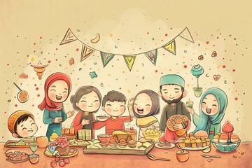 Cartoon cute doodles of characters spending quality time with family and friends, bonding over delicious Ramadan desserts and sweets, Generative AI