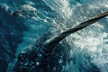 Foto op Canvas Intense close-up of a narwhal's tusk against icy blue waters © Veniamin Kraskov