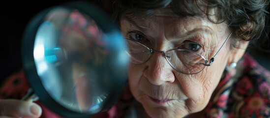 An older woman with visual impairment carefully examines an object through a magnifying glass. She holds the magnifier up close, focusing intently on details to aid her vision.