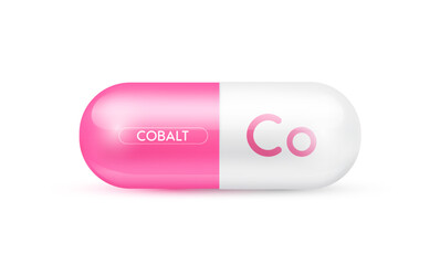 Cobalt minerals capsule pink 3D isolated on white background. Nutrients necessary for the body helps maintain brain and bone. Dietary supplement health care concept. Vector EPS10 illustration.