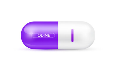 Ionine minerals capsule purple 3D isolated on white background. Nutrients necessary for the body helps maintain brain and bone. Dietary supplement health care concept. Vector EPS10 illustration.