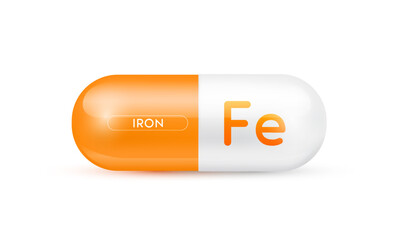 Iron minerals capsule orange 3D isolated on white background. Nutrients necessary for the body helps maintain brain and bone. Dietary supplement health care concept. Vector EPS10 illustration.