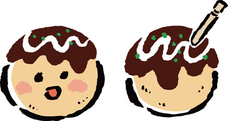 たこ焼きのゆるキャラと爪楊枝の刺さったたこ焼き	