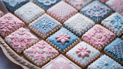 Cookies decorated with icing in a vintage quilt pattern 