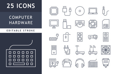 Computer hardware icons set. Device, hard disk, usb, pc, processor. Vector illustration. editable stroke
