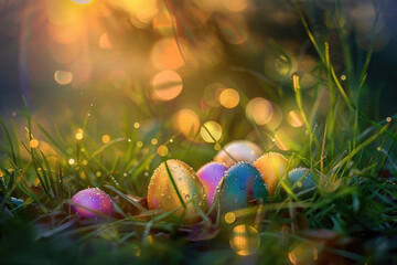 Fototapeta na wymiar Colorful Easter eggs nestled in morning dew grass