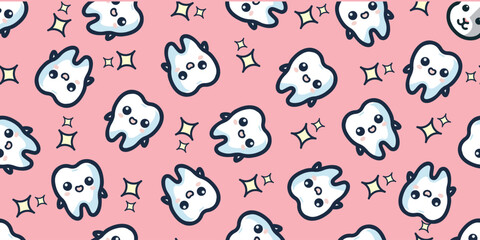 Cute Tooth and Sparkle Seamless Pattern.Vector.キュートな歯とキラキラのシームレスパターン