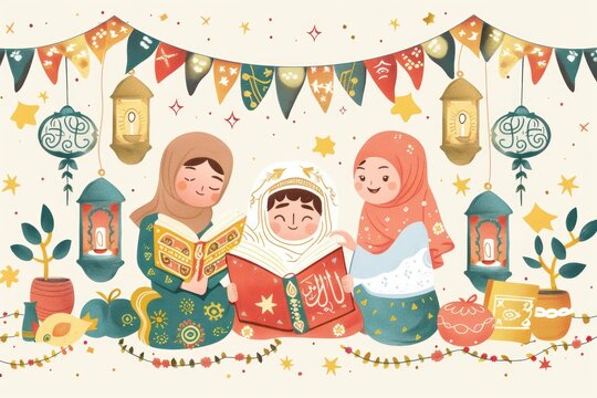 Cartoon cute doodles of characters reading and studying the Quran together, surrounded by cute and inspiring Islamic decorations, Generative AI