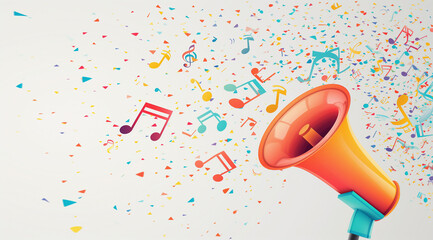 a speaker is shown with music notes on a light background, in the style of colorful curves - obrazy, fototapety, plakaty
