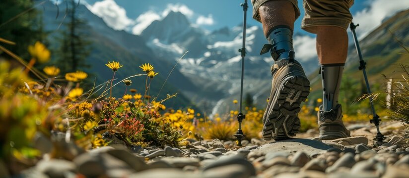 Disabled man with prosthetic legs hiking in the mountain