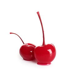 Tasty maraschino cherries on white background