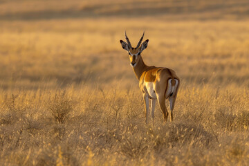 A lone antelope stands alert in the twilight of the grasslands