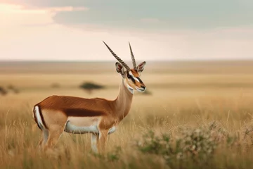 Poster A lone antelope stands alert in the twilight of the grasslands © Veniamin Kraskov