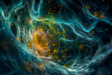 Illustration of a close-up view inside a human cell showcasing the bustling activity. The nucleus is prominent surrounded by swirling mitochondria and a network of endoplasmic reticulum.