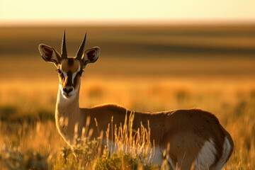 A lone antelope stands alert in the twilight of the grasslands