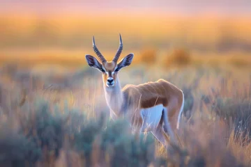 Foto op Canvas A lone antelope stands alert in the twilight of the grasslands © Veniamin Kraskov