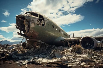 Papier Peint photo Ancien avion Dilapidated Ruined old airplane. Abandoned travel plane broken aviation. Generate Ai