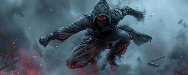 Cyborg ninja monk leaping, digital shurikens, wide dark banner with text space