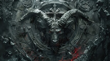 Detailed artwork of baphomet surrounded by enigmatic symbols and artifacts - obrazy, fototapety, plakaty