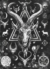Engravings of baphomet surrounded by esoteric symbols and artifacts