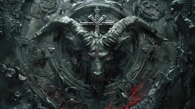 Detailed artwork of baphomet surrounded by enigmatic symbols and artifacts