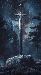 Vertical Excalibur rising, stone embedded, hauntingly beautiful dark forest, starlit sky