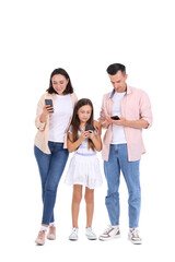 Fototapeta premium Happy family with mobile phones isolated on white background