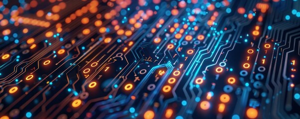 Zoom in detail of binary code on a microchip surface, a metaphor for the foundation of digital technology and big data