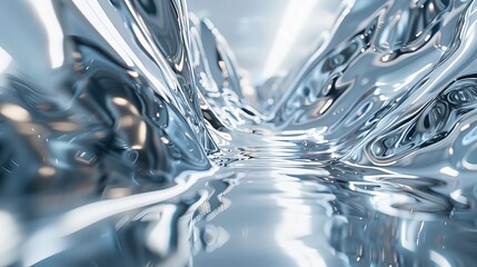 Liquid Metal Flow: Reflective 3D Abstract Visualization of Silver Fluid Dynamics