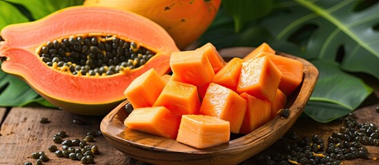 A wooden spoon holds an assortment of delicious and juicy fruit pieces, including papaya, ready to be enjoyed.