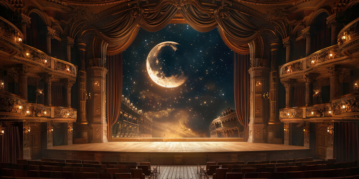 Wide shot of a classical theater scene, enhanced by the majestic backdrop of a starry night and a glowing half-moon